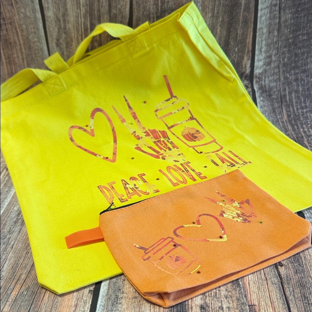 NEW Yellow Tote Bag & Zippered Pouch Set Peace Love Coffee Design Item PHK5914